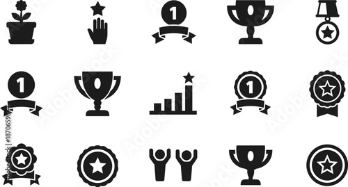 Achievement and success icon set with trophies, medals, awards, ranking symbols and victory celebration vector collection