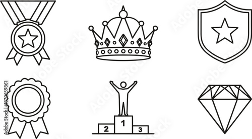 Achievement and award outline icons set – medal, crown, shield, podium, diamond