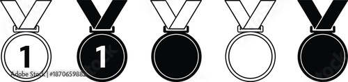 First place medal icons set with ribbon in outline and solid styles