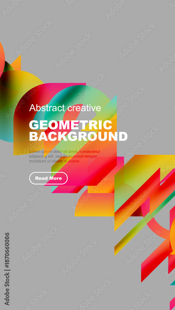 Fototapeta premium Bright geometric shapes overlap gray backdrop. Text promotes creative design, includes call to action button.