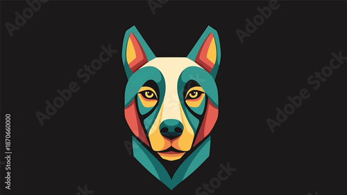 Geometric dog portrait with vibrant colors and sharp angles, artistic canine illustration.