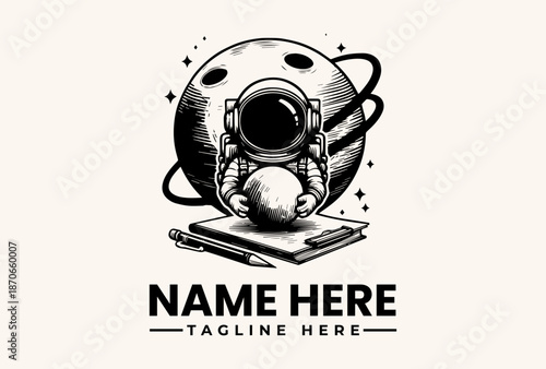 Black and white illustration of an astronaut helmet on a book and pencil, with a planet and rings in the background, forming a logo or icon with a space-themed design.