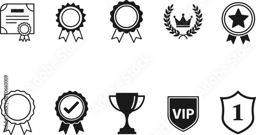 Award and achievement icons set including certificate, medal ribbons, trophy cup, VIP badge and first place shield