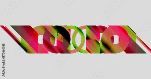 Abstract colorful shapes overlap, creating dynamic visual composition. Lines intersect, forming interesting patterns. Bright hues dominate neutral background.