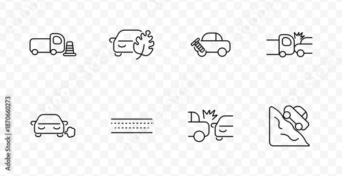 Car accident set icon. Vehicle with cone, car with leaf, flat tire, rear crash, exhaust, skid marks, side collision, car on slope, all shown with simple automotive elements.