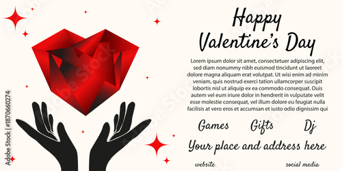Modern Valentine's Day horizontal ads banner. Modern vector vibrant color Gradient red heart in black hands. Perfect love Valentine party promotion banner with bold holiday message. EPS 10