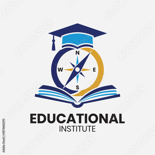 Flat Minimal Academic Institute Logo Featuring Abstract Open Book, Trencher, and Compass, Representing Knowledge, Leadership, Scholarship, Education, Research, and Institutional Identity