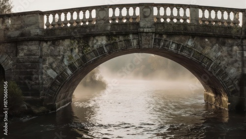 Stone Bridge Over Misty River - A Scenic Architectural Marvel.