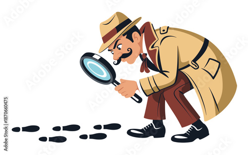 Detective examining footprints closely with a magnifying glass in a cartoon illustration