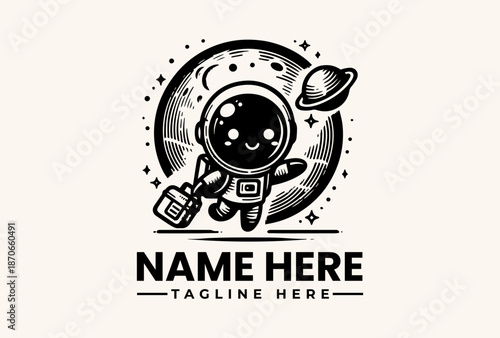 A black and white illustration of an astronaut in a spacesuit with a moon and planet in the background, surrounded by stars, with a placeholder text for a logo or brand name.