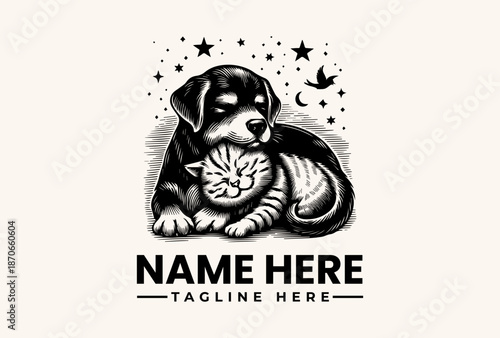 A black and white illustration of a dog and cat lying together under stars and moons, with a logo template text 'NAME HERE' and 'TAGLINE HERE' in a simple design.