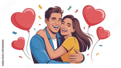 Embrace of Affection: A radiant couple embraces amidst a cascade of hearts and confetti, their joyful laughter echoing through the air, embodying the essence of love and connection.