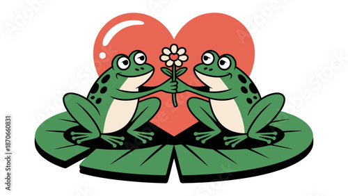 Love's Green Embrace: Two cheerful frogs tenderly exchange a flower atop a lily pad, framed by a heart, symbolizing the beauty of affection and connection.