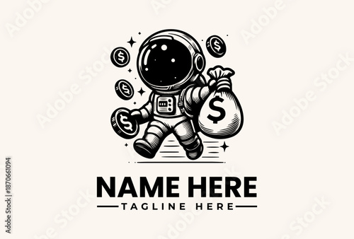 A black and white illustration of an astronaut holding a money bag and coins, surrounded by floating currency symbols on a light beige background, with a bold text placeholder.