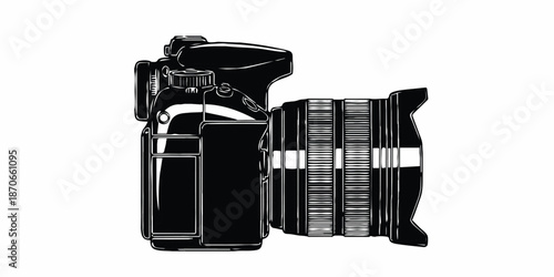 Vector flat style illustration of camera, Photo camera in flat style. Vector. design pattern collection set of professional DSLR photo camera body with zoom lens in various angles isolated white backg