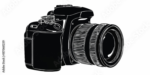 Vector flat style illustration of camera, Photo camera in flat style. Vector. design pattern collection set of professional DSLR photo camera body with zoom lens in various angles isolated white backg