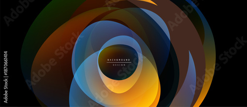 Abstract layered shapes create dynamic circular pattern. Warm, cool colors blend, forming elegant background design. Minimalist aesthetic.