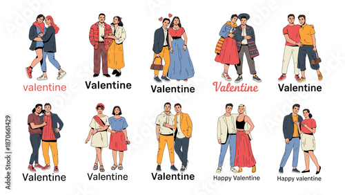 Valentine Couples' Romance: A collection of couples, each a unique expression of love and companionship, celebrating Valentine's Day. The illustrations capture the joy of connection.
