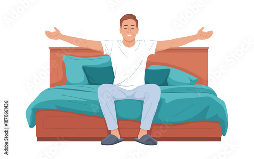Man sitting on bed with outstretched arms in a relaxed morning scene