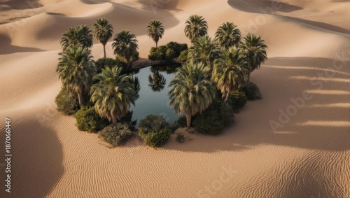 Stunning aerial view of a remote desert oasis with palm trees and a tranquil lake.