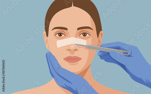 A woman undergoing a facial treatment with a technician applying a strip to her face