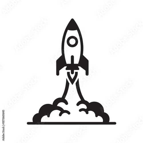 Minimal monochrome rocket launch icon illustrating a takeoff into space.