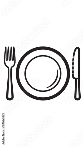 Elegant dining symbol showing plate with fork and knife arranged for a meal setting.