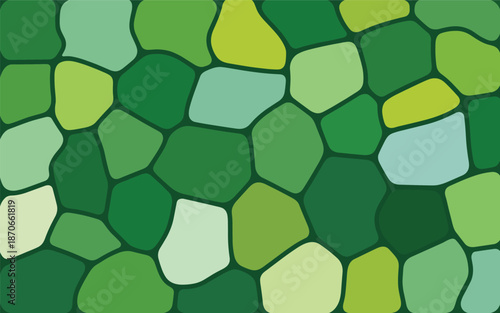 A vibrant mosaic artwork featuring various green hues and shapes from a close-up viewpoint