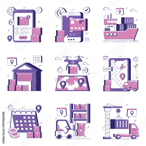 Set of Logistics Icons Featuring Ships Trucks Warehouses and Drones.