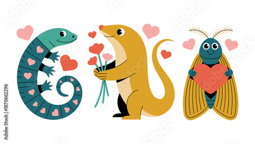 Sweet Creature Trio: a heartwarming trio of creatures, each bearing gifts of love and affection. A delightful scene, exuding warmth and charm