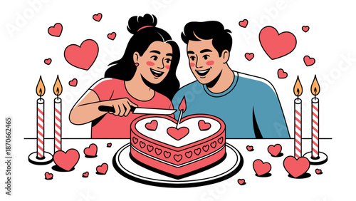 Love's Sweetest Slice: A tender moment as a couple cuts a heart-shaped cake together, symbolizing their shared love amidst a backdrop of hearts and candle lights.
