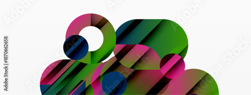 Abstract composition featuring overlapping colorful shapes. Circles, rectangles create dynamic visual interest. Modern design, vibrant hues present.