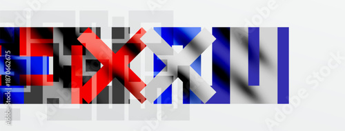 Abstract geometric shapes, red, blue, gray. Pixelated design suggests digital art or glitch effect. Minimalist composition, dark background.