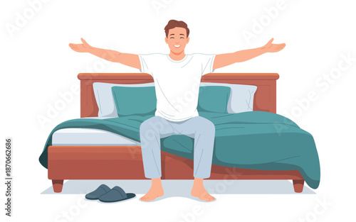 Man sitting on a bed with arms outstretched in a relaxed morning pose