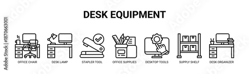 Desk Equipment web banner icon vector illustration concept with icons of office chair, desk lamp, stapler tool, office supplies, desktop tools, supply shelf, desk organizer.