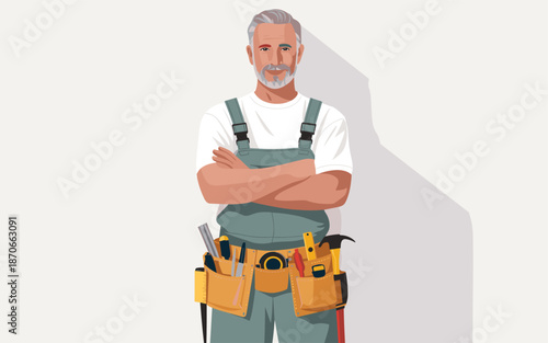 A confident construction worker standing with crossed arms wearing a tool belt in a minimalist studio setting