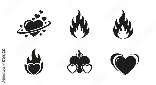 Heart Flames Vector Graphic Fire Passion Love Warmth Burn Symbol Hot Energy Valentine Shape Romance Desire Icon Decorative Tattoo Black and White Design