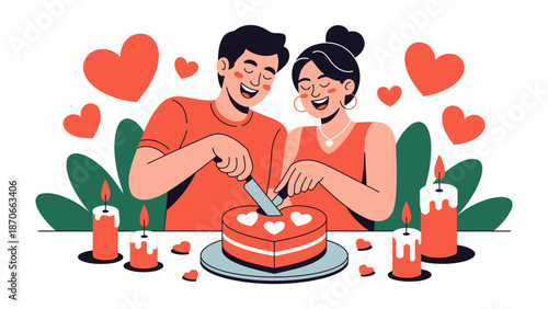 Romantic Celebration: A joyous couple cuts into a heart-shaped cake, surrounded by candles and floating hearts, capturing a moment of love and celebration.