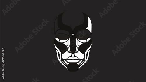 Geometric face illustration with sharp lines and intricate details on a dark background.