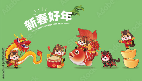 Vintage Chinese new year poster design with horse character. Chinese wording means Happy Lunar Year, Prosperity.