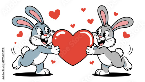 Bunny love: Two charming bunnies with heartwarming smiles, are joyfully carrying a single heart symbol, radiating a sense of endearment.