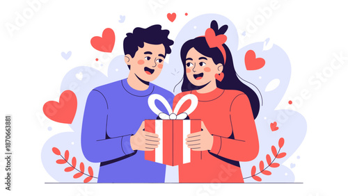 Romantic Gift Exchange: A tender moment captured between a couple, as a thoughtful gift is exchanged, symbolizing love, care, and the beginning of a sweet new chapter.
