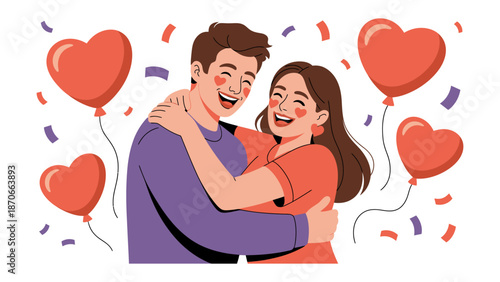 Love's Embrace: A couple shares a tender moment, surrounded by heart-shaped balloons, symbolizing affection and togetherness.