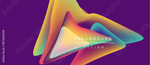 Abstract geometric shapes overlap, vibrant colors blend. Purple background enhances dynamic visual effect. Text reads background design.