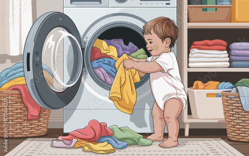 A toddler plays with colorful laundry inside a washing machine in a bright laundry room.