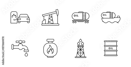 Oil industry set icon. Fuel pump, drilling rig, tanker, barrel, gas valve, oil platform, petroleum, transport, extraction, energy, industry, supply