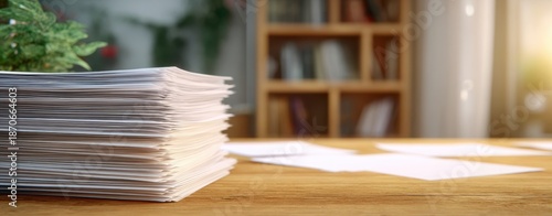 The Stack of Papers on a Wooden Desk in a Sunlit Home Office