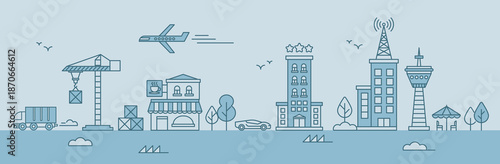 Cityscape grey blue monotone horizontal element eco city industry town living flat line art vector