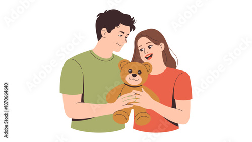 Cherishing Moment with Teddy Bear: In a tender embrace, a couple shares a moment of affection, their eyes locked on a cuddly teddy bear held between them, embodying warmth and connection.