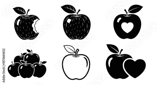 Collection of Apple Silhouettes with Bite Heart Shape Leaves Vector Illustration